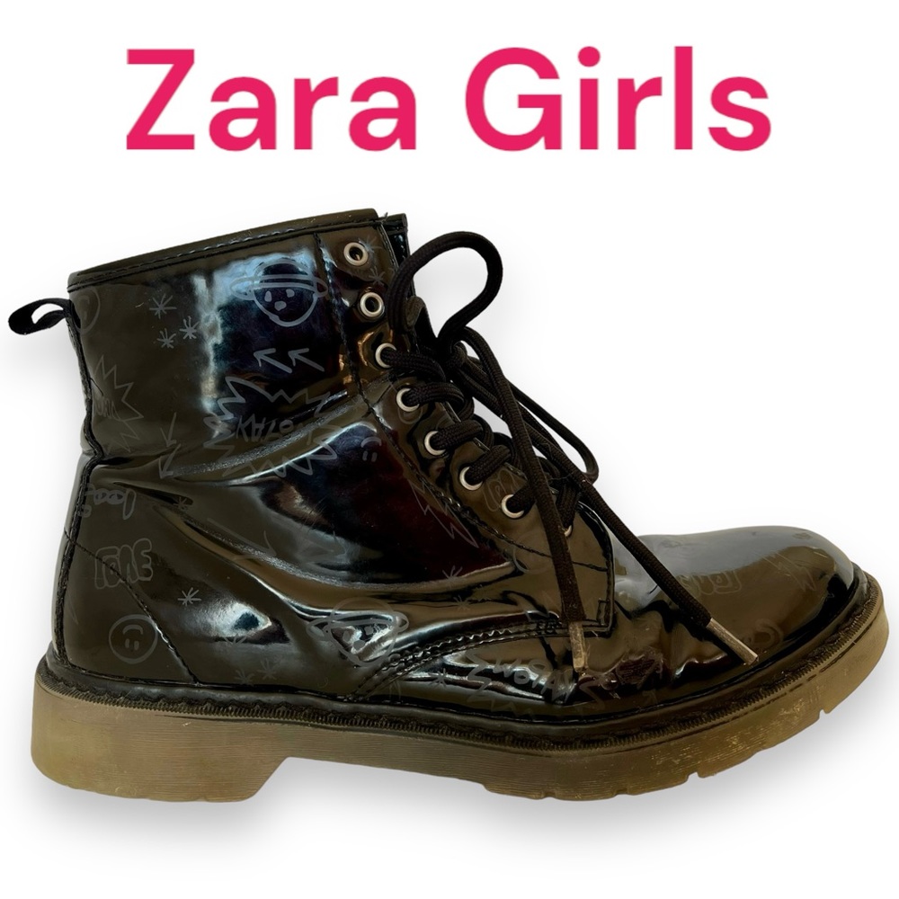 Zara Kids Girls Black Clear Tread Comic Print Combat Boots Kids EU Sz 36